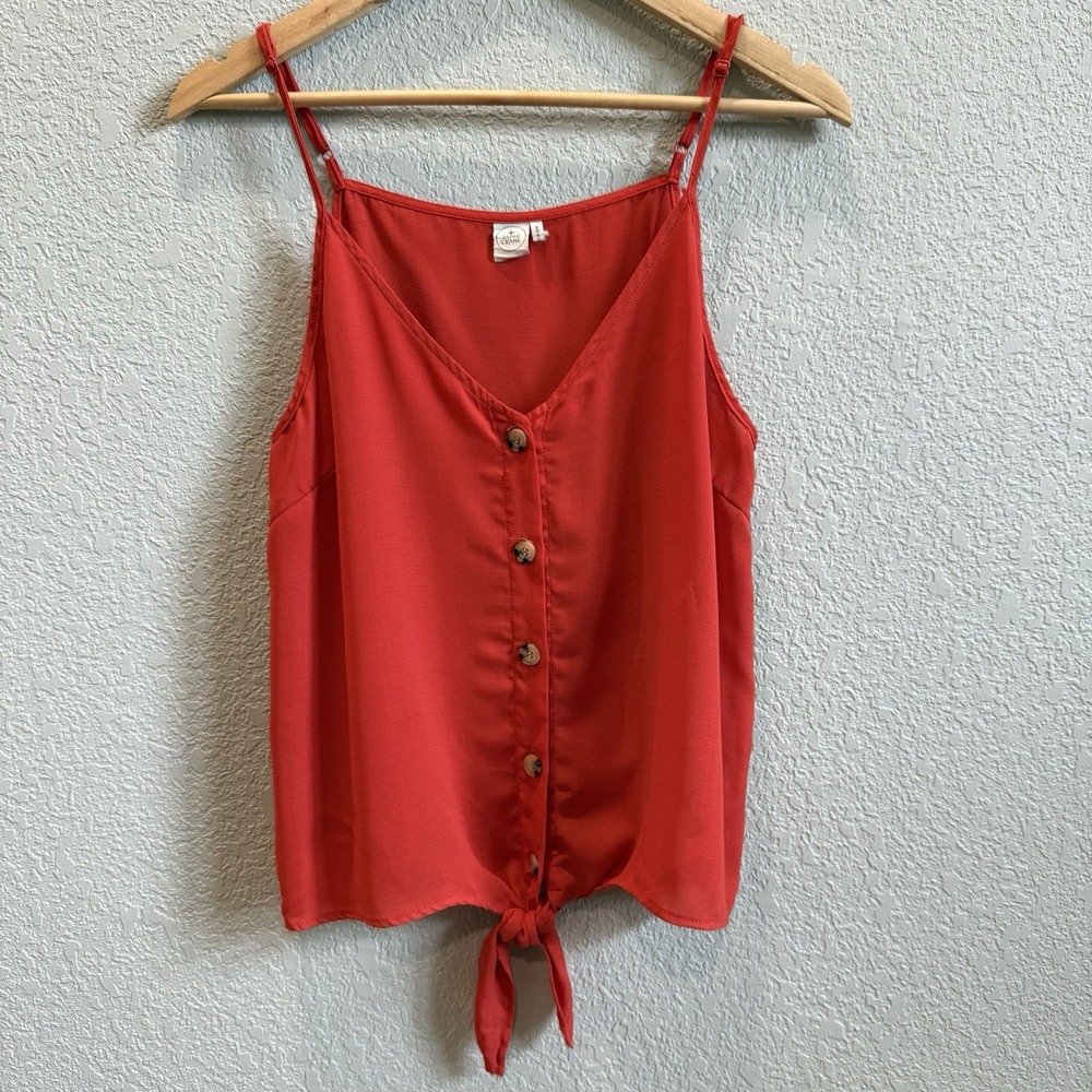 Paper Crane Blood Orange Button Tie Front Tank Top Adjustable Spaghetti Straps